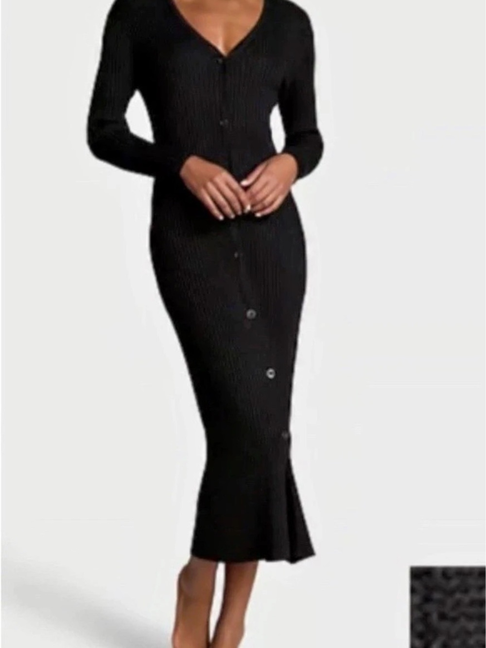 NWT Victoria's Secret Black Ribbed Knit Button Front V-Neck Sweater Dress